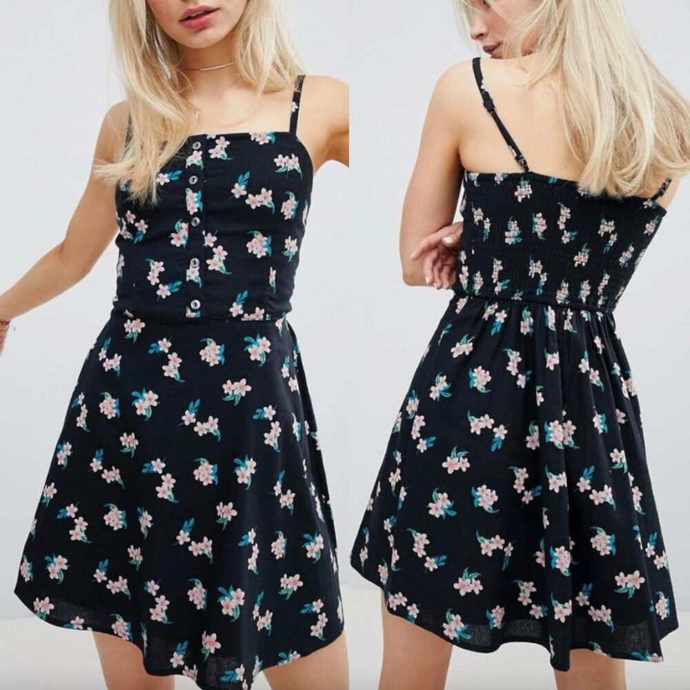 HOLLISTER Button Front Linen A-Line Dress Black Peach Floral Mini Fit & Flare M